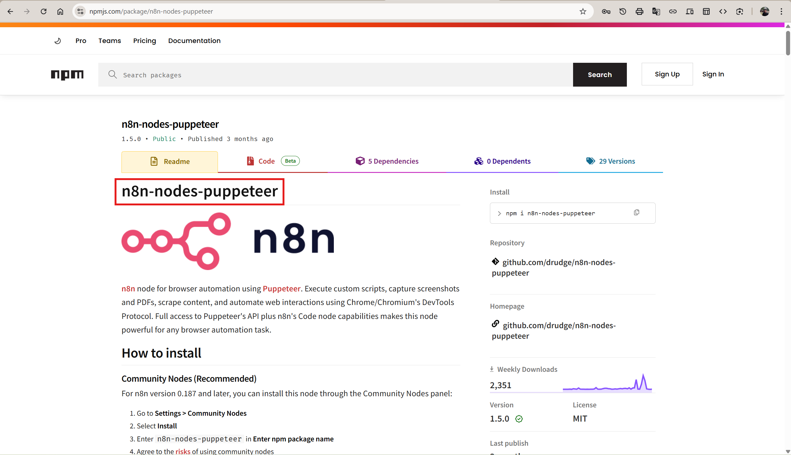 n8n-nodes-puppeteer package page on npm showing version 1.5.0 with 2,351 weekly downloads