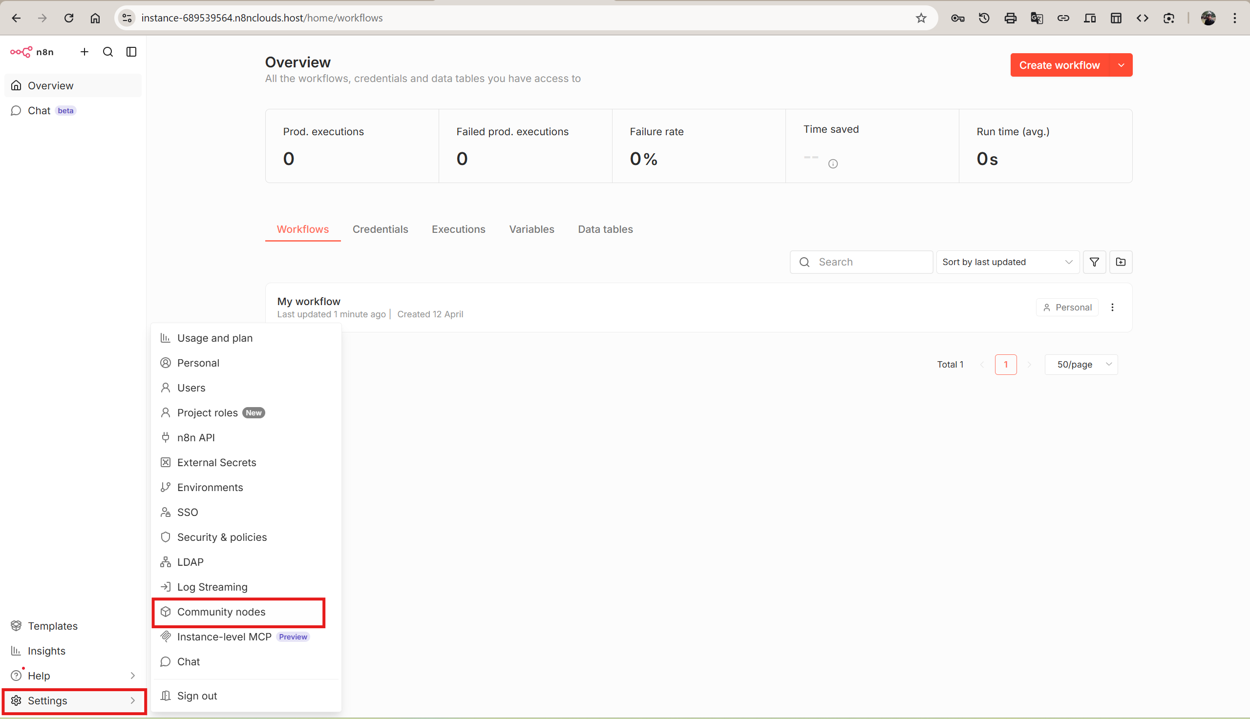 n8n dashboard with the Settings menu expanded and Community nodes option highlighted