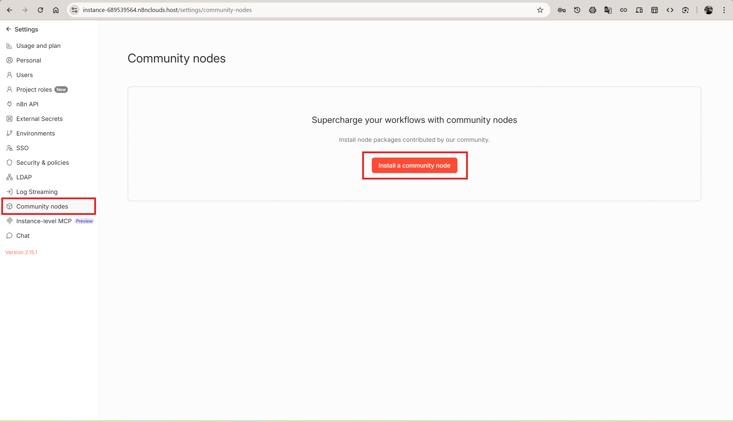 Community nodes settings page showing the empty state with the Install a community node button