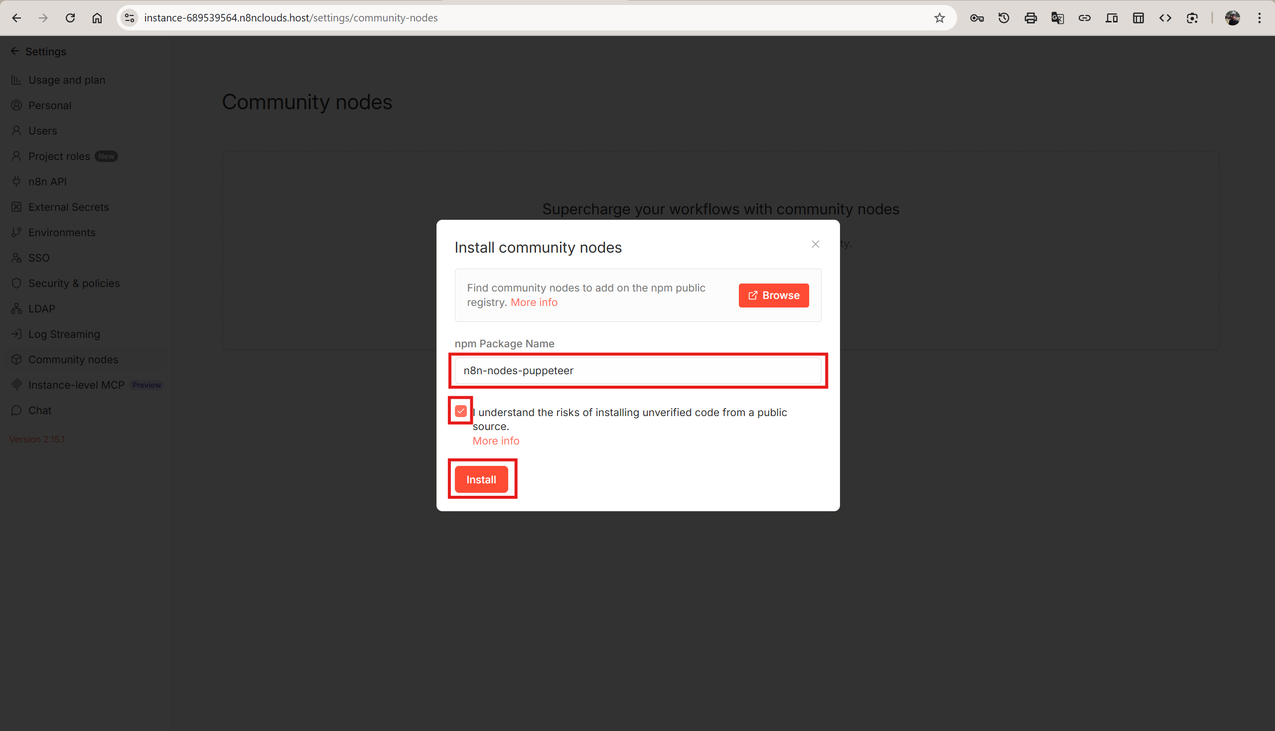 Install community nodes dialog with n8n-nodes-puppeteer entered, risk checkbox checked, and Install button highlighted