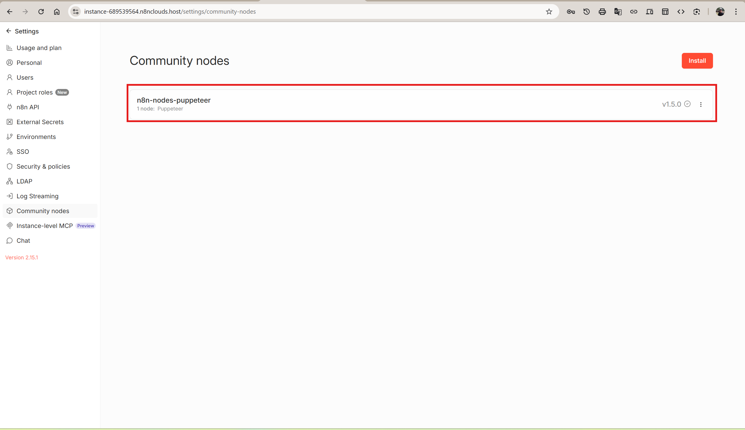 Community nodes page showing n8n-nodes-puppeteer installed with version v1.5.0