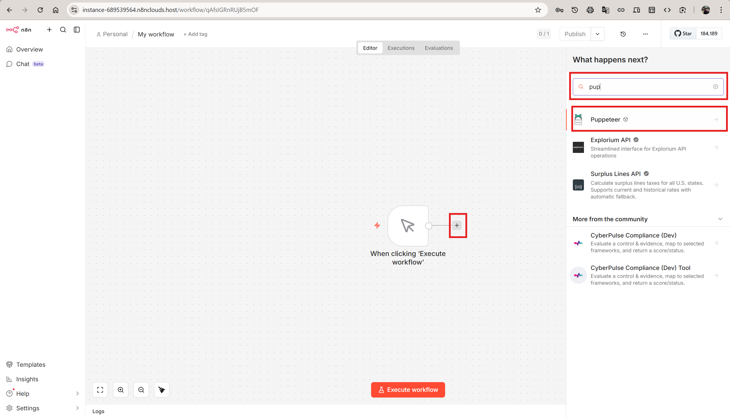 Workflow editor node search showing Puppeteer appearing as the first result when searching for "pup"