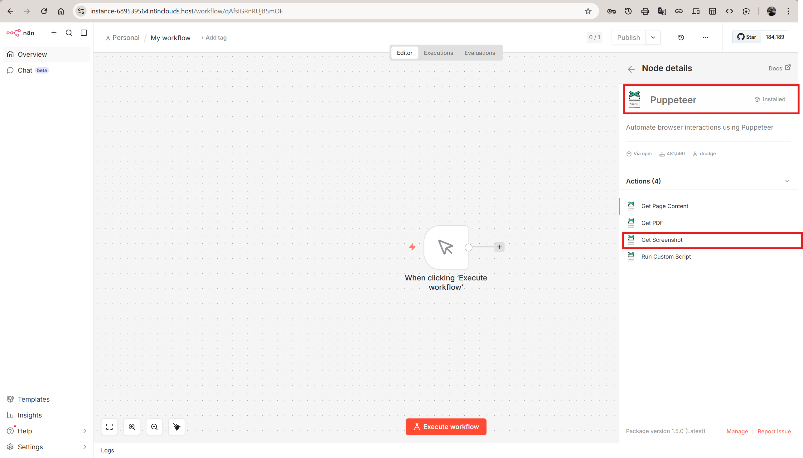 Puppeteer node details panel showing all four available actions — Get Page Content, Get PDF, Get Screenshot, and Run Custom Script