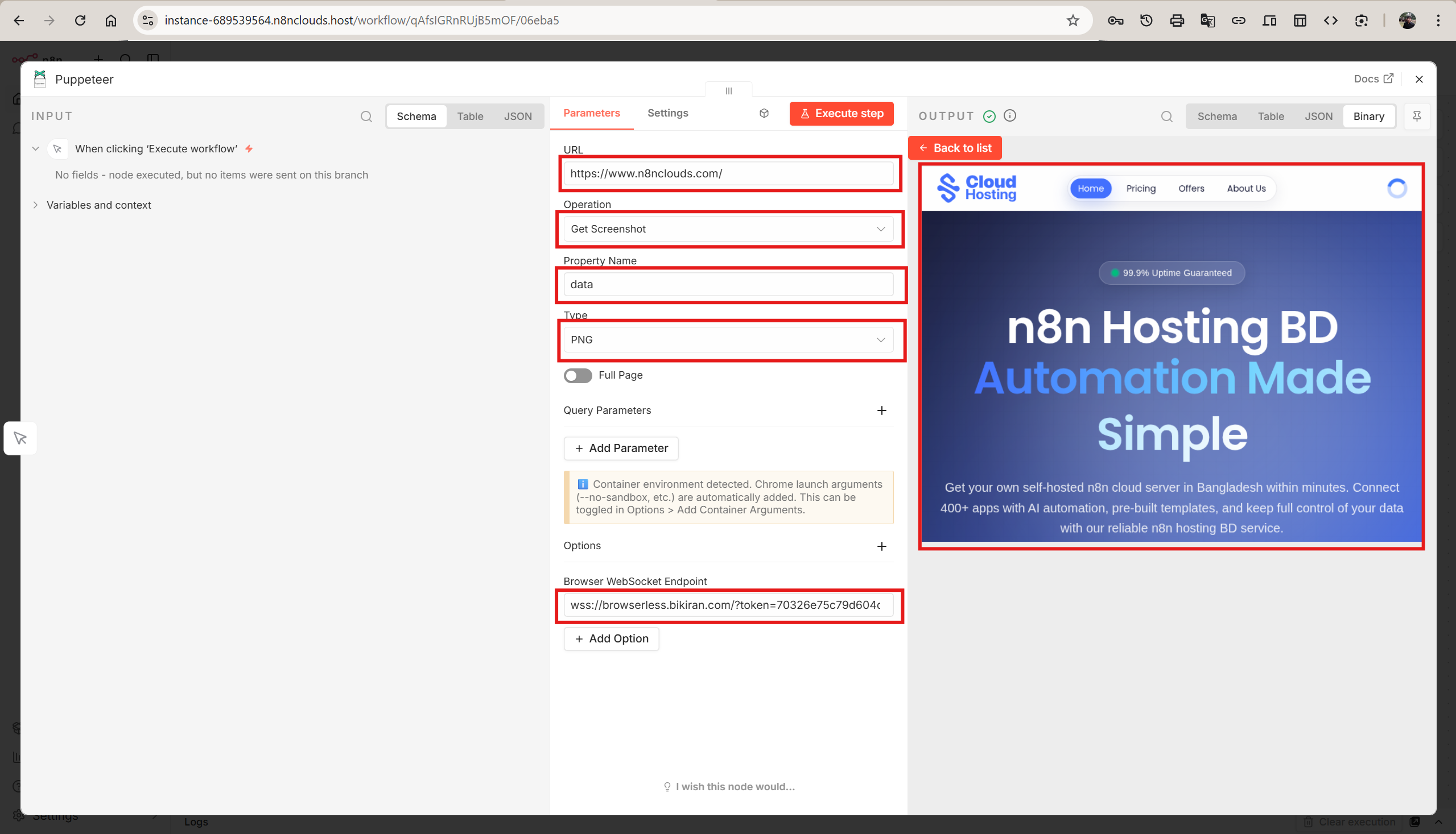 Puppeteer node showing a successfully captured screenshot of the n8n Clouds homepage with the URL, operation, and output result visible