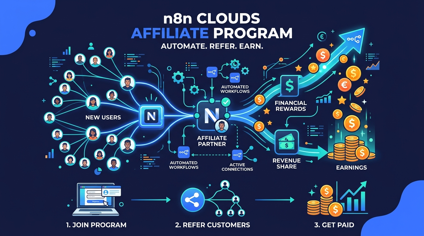 n8n Clouds Affiliate Program banner showing automation workflows, referrals, and commission rewards