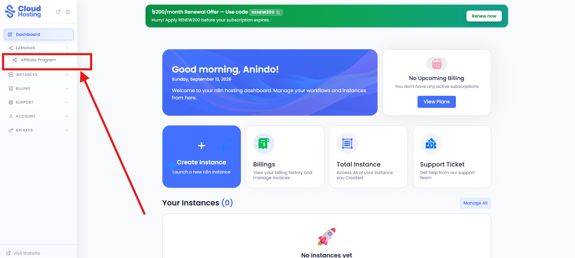 Navigate to Affiliate Program from Dashboard