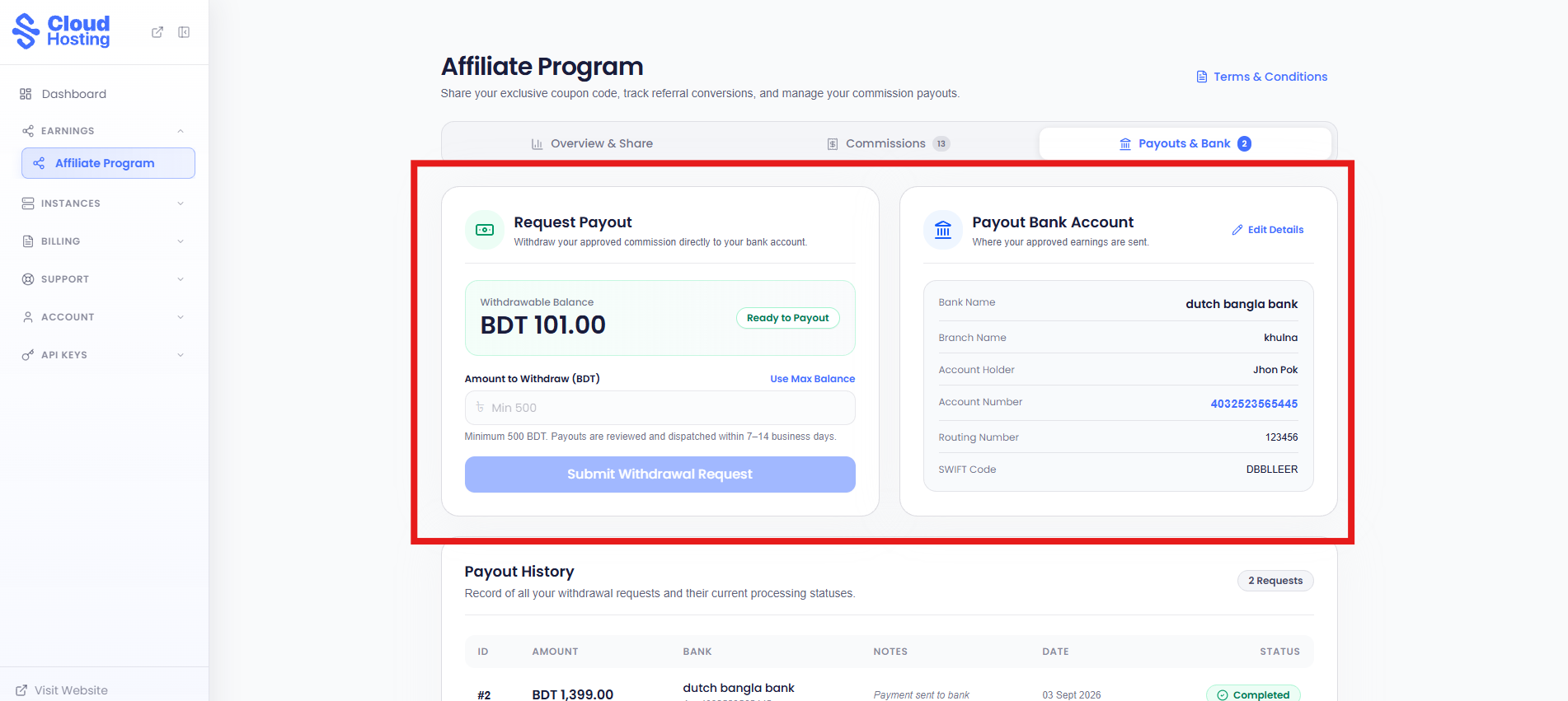 Request Payout & Bank Account Details