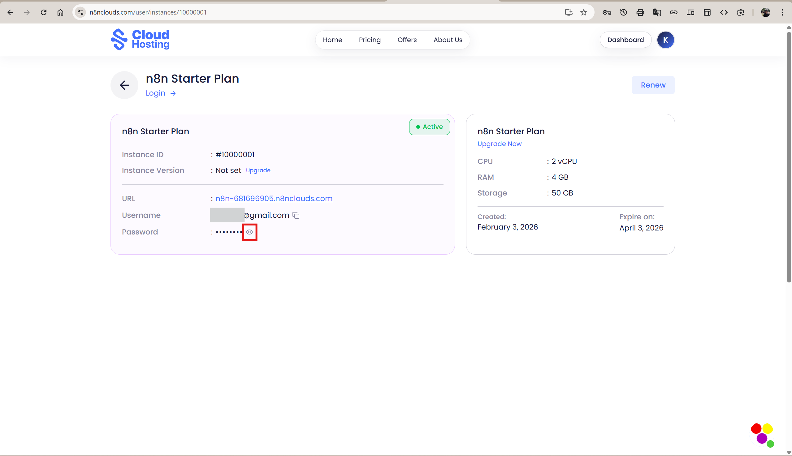 n8n Clouds dashboard showing the password reset modal on the instance detail page