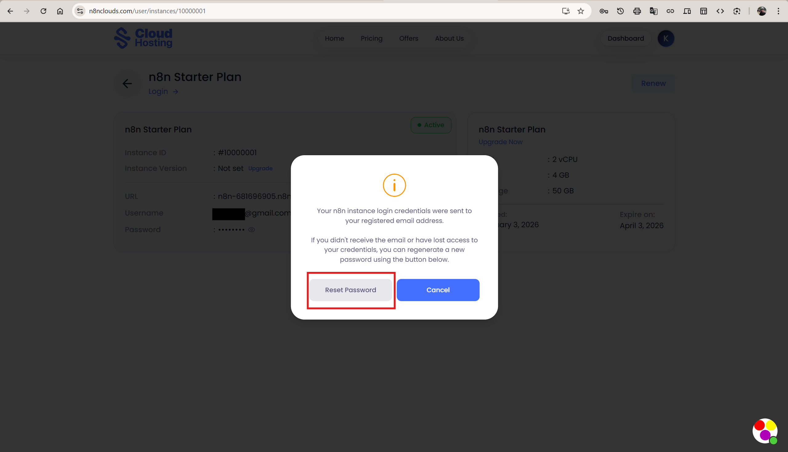 Password reset confirmation modal with Reset Password and Cancel buttons