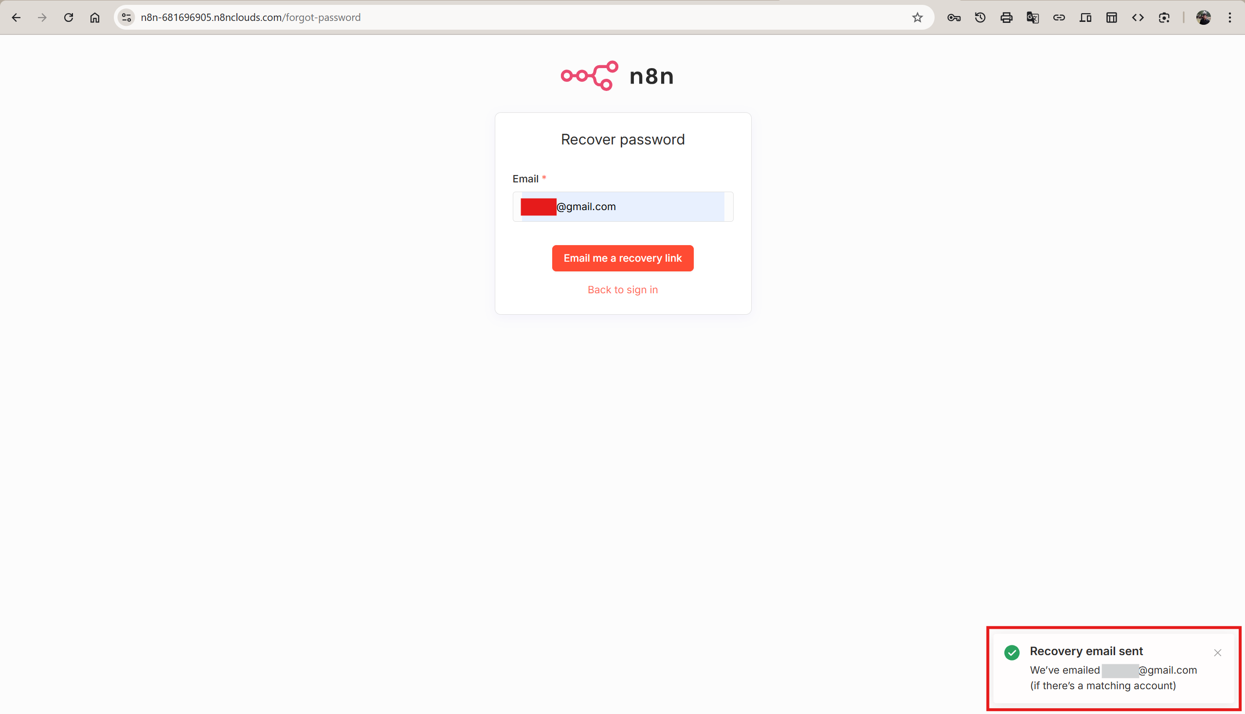 n8n Change Password page with New password and Re-enter new password fields
