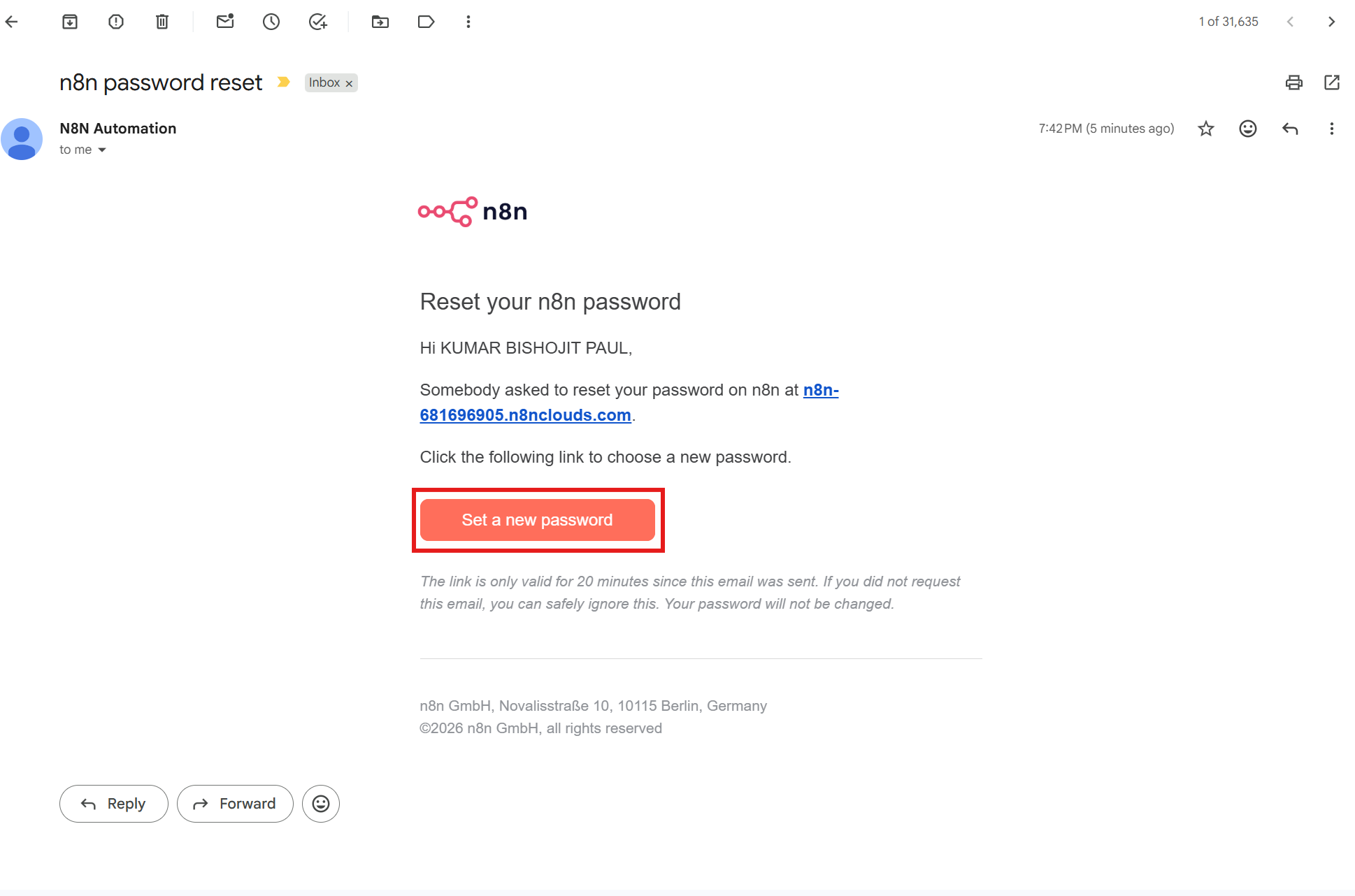 n8n Recover Password page with email input field and the "Email me a recovery link" button