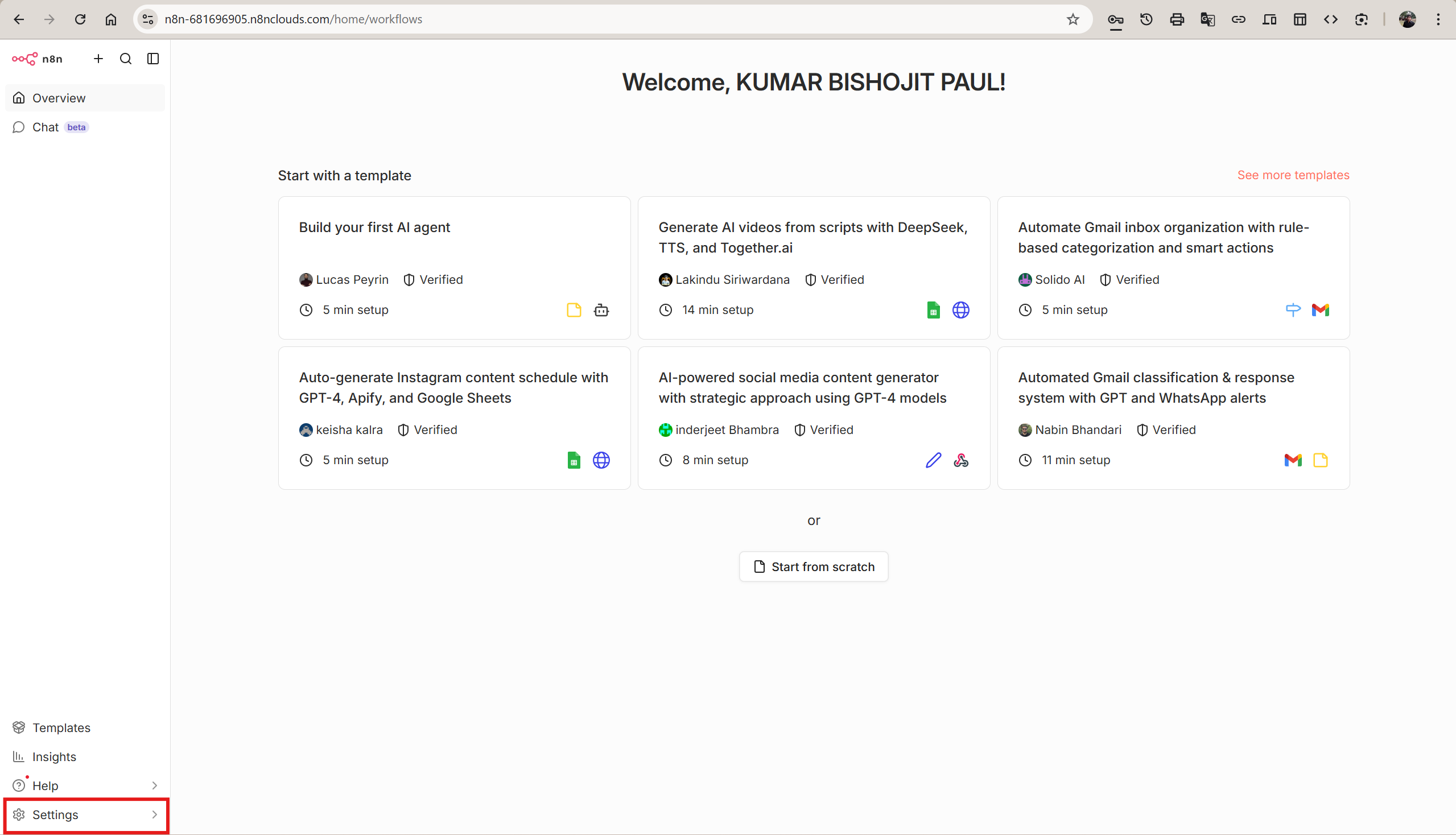 n8n sidebar with Settings expanded and Personal option highlighted