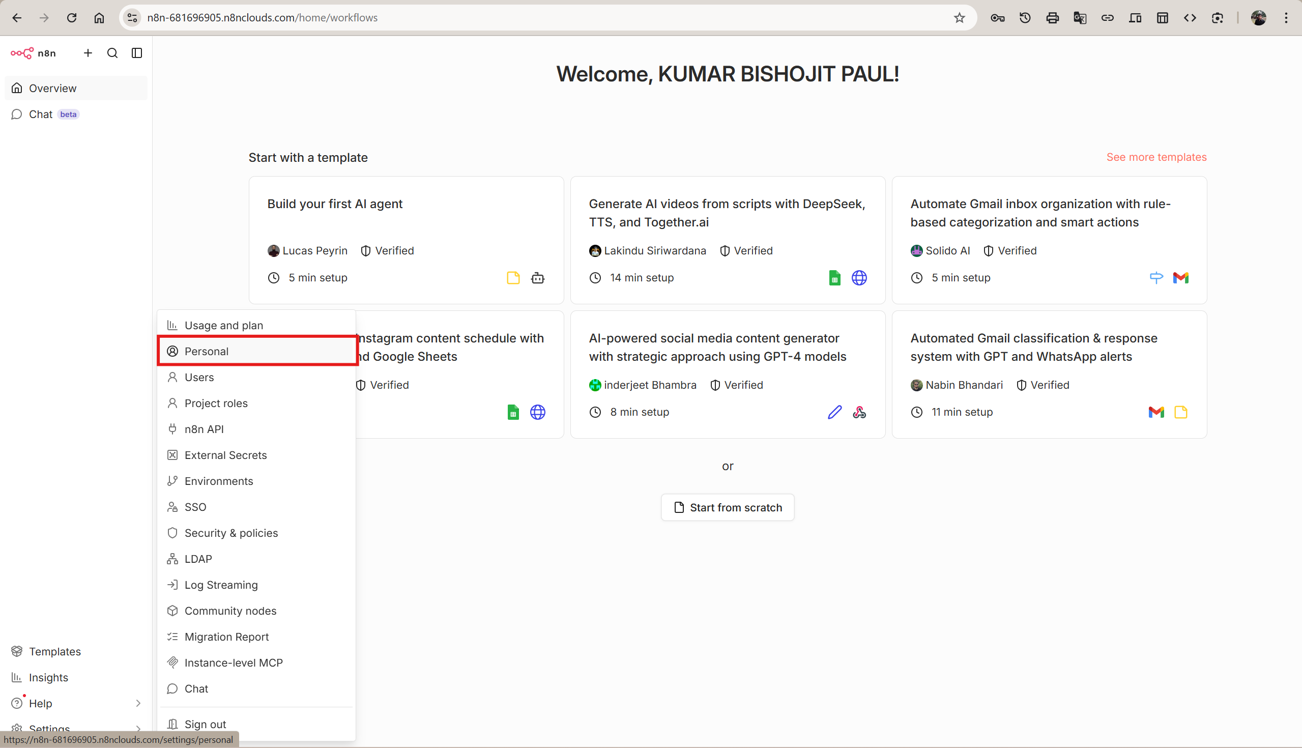 n8n Personal Settings page showing the Security section with the Enable 2FA button