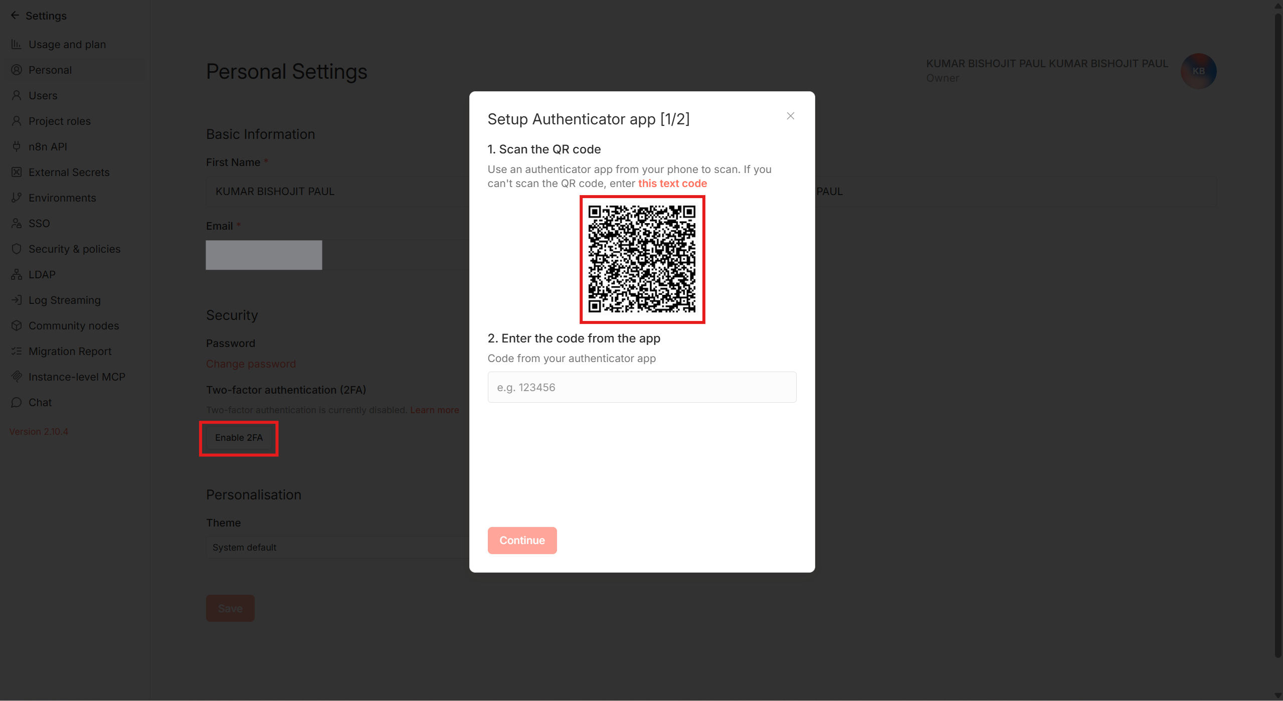 n8n Setup Authenticator app modal showing the QR code and code entry field