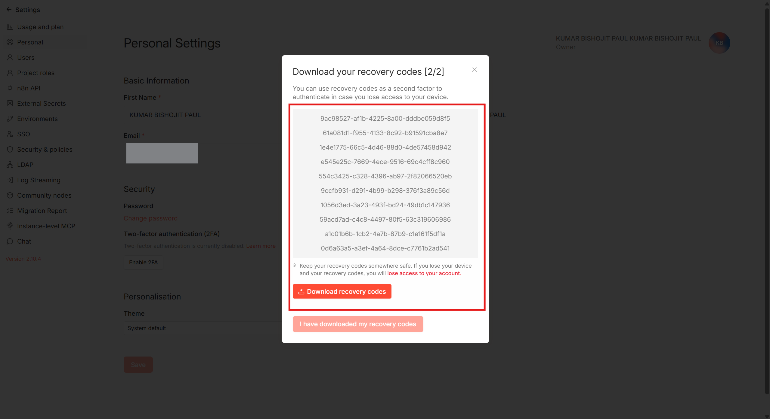 n8n Download your recovery codes modal showing 10 recovery codes and the download button