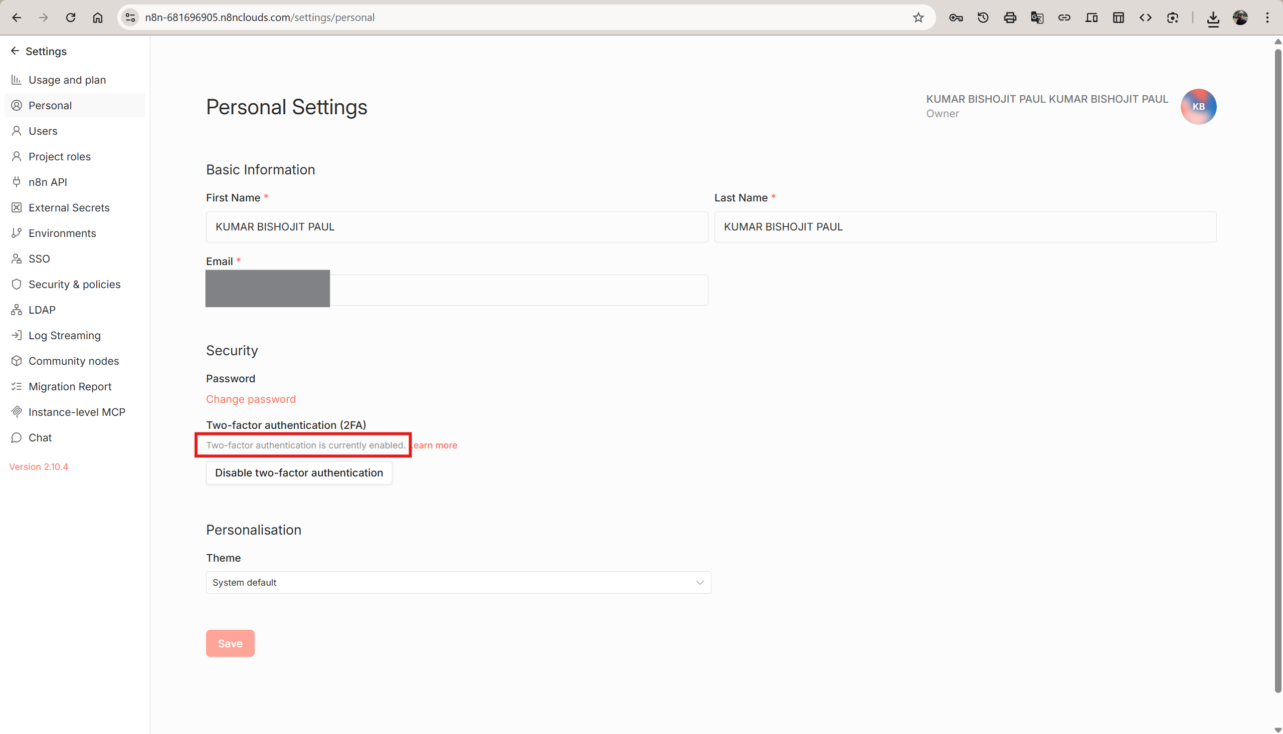 n8n Personal Settings showing Two-factor authentication is currently enabled