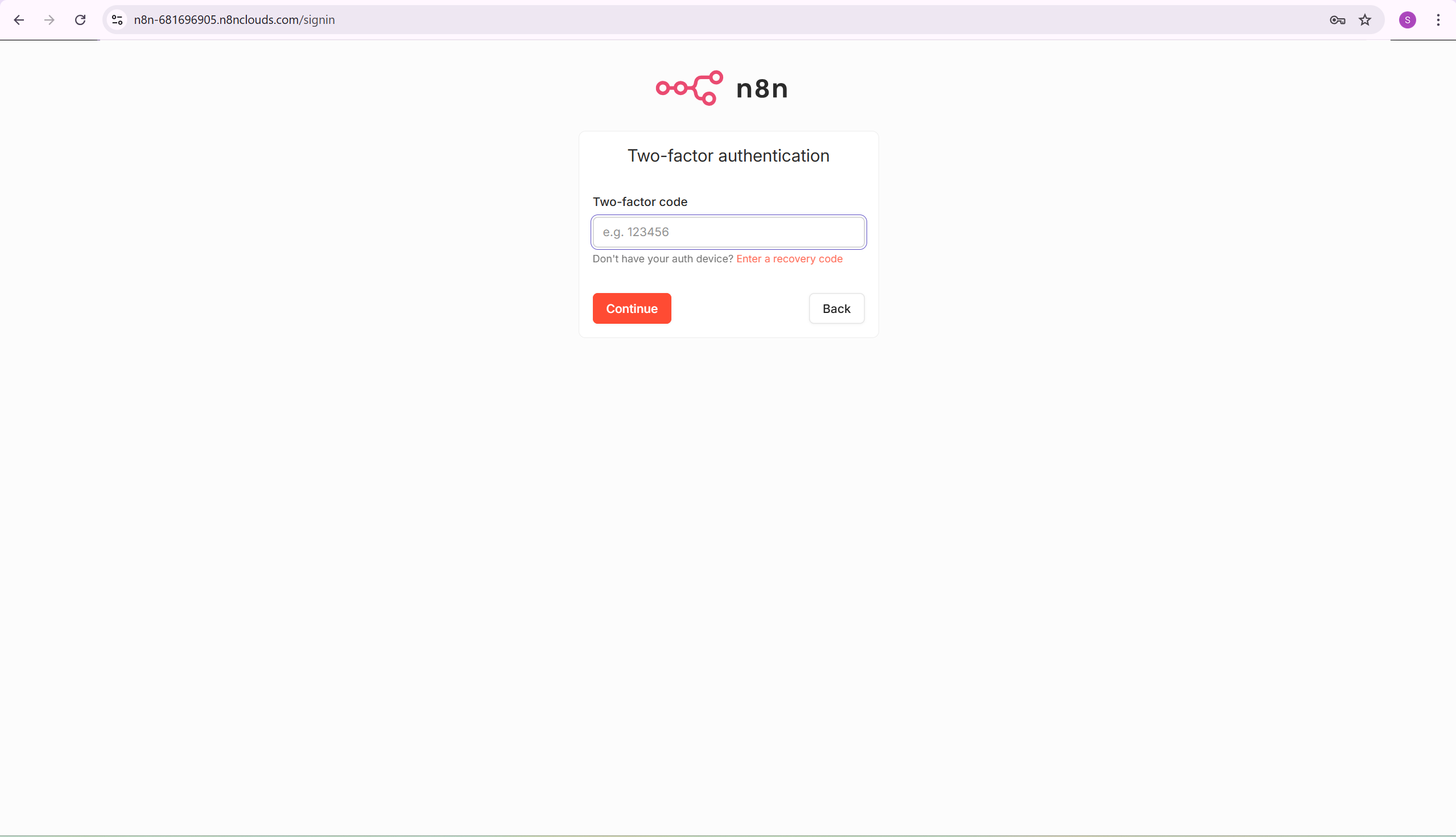 n8n login page showing the MFA verification code step after password entry